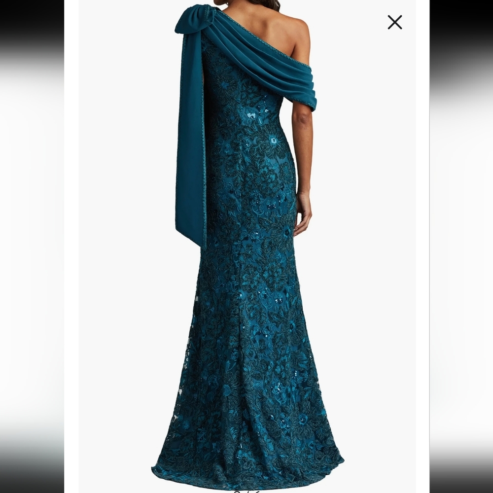 TADASHI SHOJI BEADED FLORAL ONE-SHOULDER GOWN; SIZE:10;COLOR:BLUE - Picture 2 of 13